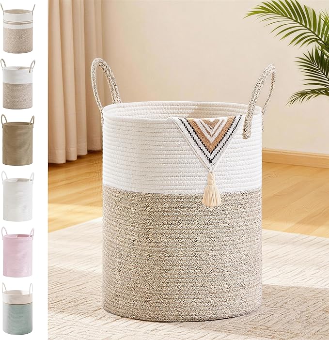 Tall Laundry Basket with Handles, 53L Portable Dirty Clothes Hamper, Boho Cotton Rope Storage Bin for Blankets Kids Toys Gifts, Decorative Organizer for Baby Nursery Bedroom Bathroom, Brown