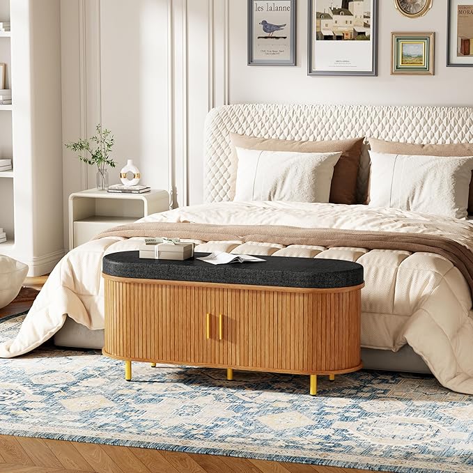 Entryway Bench with Storage: 43.31" Wooden Bedroom Shoe Bench with Thickened Padded Seat Cushion, Mid Century Modern Fluted Sliding Door and Adjustable Shelf, for Entryway, Living Room
