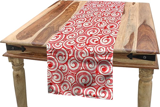 Lunarable Candy Cane Table Runner, Christmas Season Pattern Swirled Candy Design Winter Holiday, Dining Room Kitchen Rectangular Runner, 12" X 72", Coral Ivory