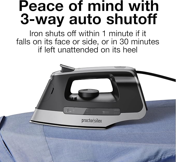 Proctor Silex Steam Iron for Clothes with Durable Stainless Steel Soleplate, 1500 Watts, 8’ Retractable Cord, 3-Way Auto Shutoff, Anti-Drip, Gray and Black (14250) (Pack of 2)