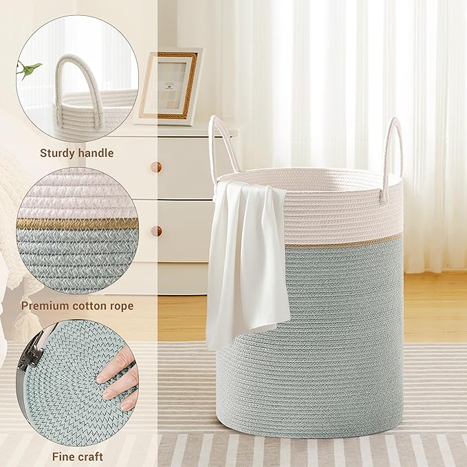 Tall Laundry Basket with Handles, 58L Portable Dirty Clothes Hamper, Boho Cotton Rope Storage Bin for Blankets Kids Toys Gifts, Decorative Organizer for Nursery Bedroom Bathroom, Sage Green
