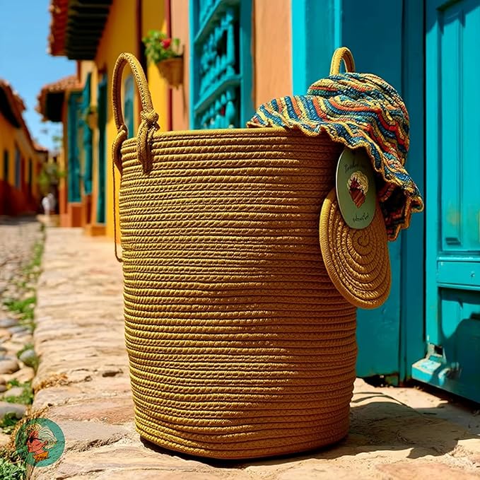 Modern Granny Extra Large Cotton Rope Laundry Hamper 16x22 Inch Dual Secure Woven Handle for Living Room Closet Clothes Blanket Organization