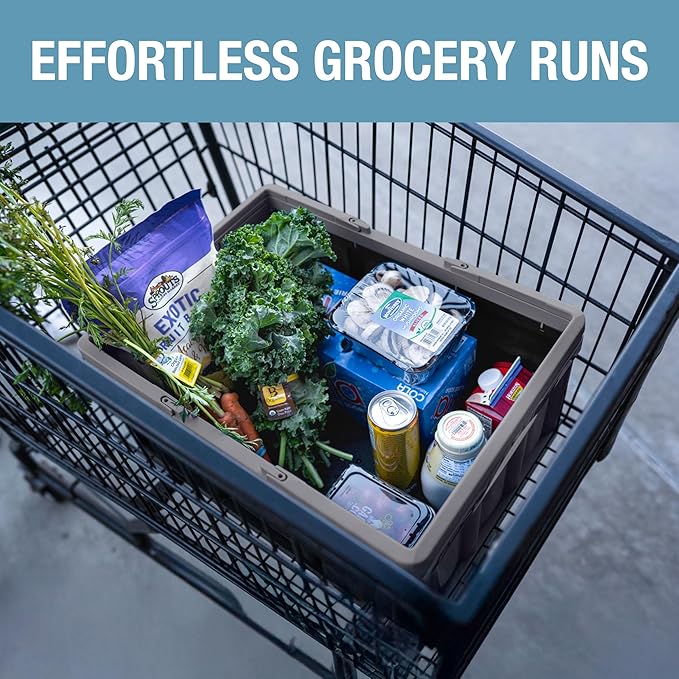 CleverMade Collapsible Shopping Basket 32L, 3 Pack – Folding Grocery Basket with Handles, Stackable Reusable Storage Crate with 35 lb Capacity, Recycled Plastic, Car Trunk Organizer- Stone Gray