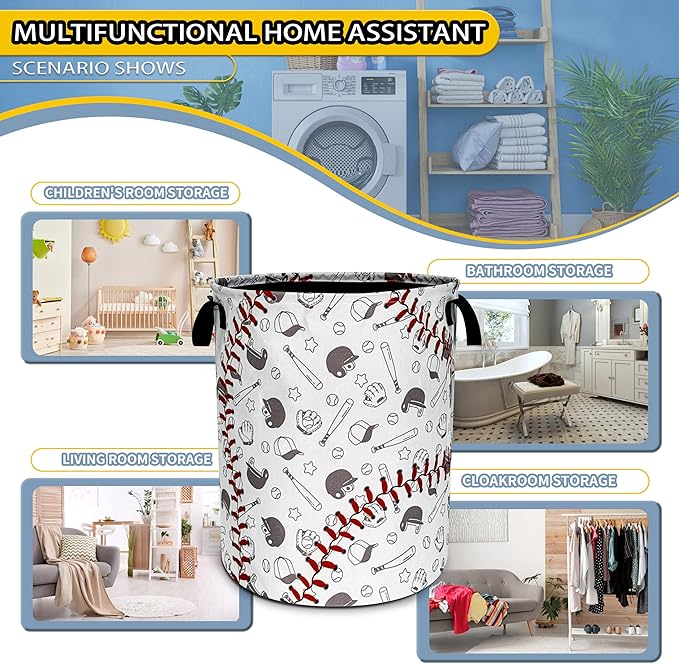 Baseball Laundry Basket Texture Pattern Foldable Oxford Cloth Funny Tote Bag Laundry Hamper Clothes Storage Bucket Organizer For Bathroom/Laundry Storage/Bedroom 18.9x16.5 Inch