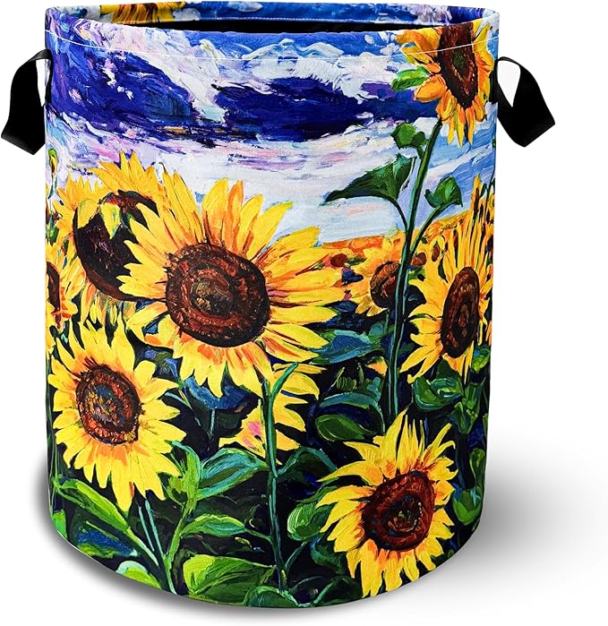 Beautiful Sunflower Flowers Laundry Basket Foldable Oxford Cloth Funny Tote Bag Laundry Hamper Clothes Storage Bucket Toy Organizer For Bathroom/Laundry Storage/Bedroom 18.9x16.5 Inch