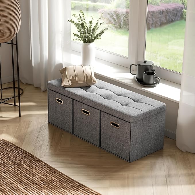 Ornavo Home Storage Ottoman with 3 Drawers, 40 Inches Long Foldable Tufted Linen Large Bench Ottoman with Storage, Foot Rest Stool Seat, for Living Room, Bedroom, Entryway, Gray