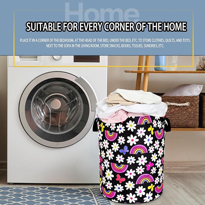 Cute Daisy Rainbow Laundry Basket Butterfly Cartoon Foldable Oxford Cloth Funny Tote Bag Laundry Hamper Clothes Storage Bucket Toy Organizer For Bathroom/Laundry/Bedroom 18.9x16.5 In