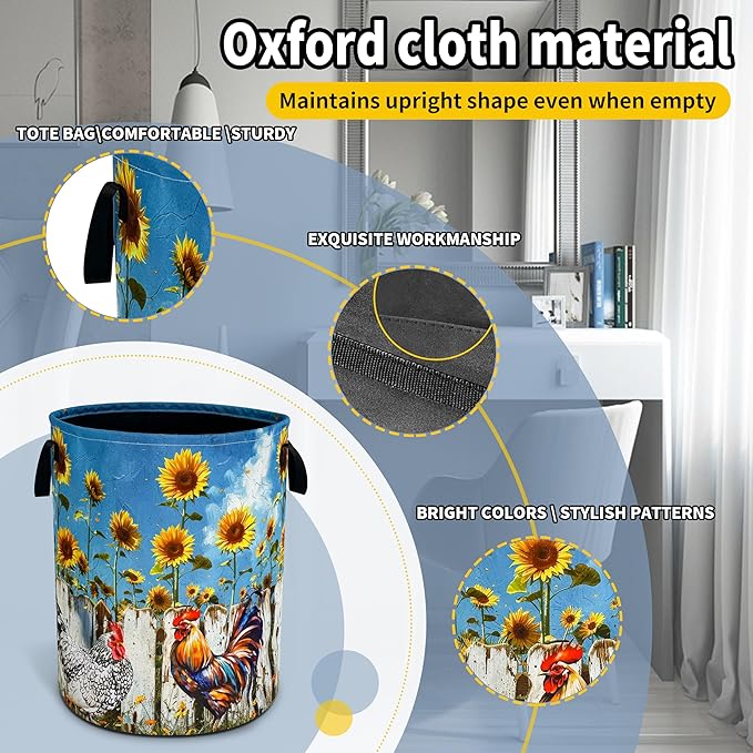 Chicken Laundry Basket Sunflower Foldable Waterproof Oxford Cloth Funny Tote Bag Laundry Hamper Clothes Storage Bucket Toy Organizer For Bathroom/Laundry Storage/Bedroom 18.9x16.5 Inch