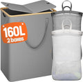 160L Double Laundry Hamper with Lid 2 Section, Large Bamboo Laundry Basket with 2 Removable Bags, Clothes Hampers for Laundry for Bedroom, Bathroom, Dorm, Laundry Room, Grey