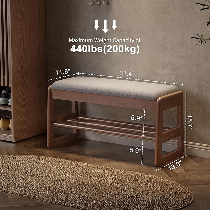 AQIMUELE Shoe Rack Bench,2 Tiers Shoe Bench with Storage with Flip-Top,Wood Shoe Rack for Entryway,Hallway（Walnut Upholstered Seat）