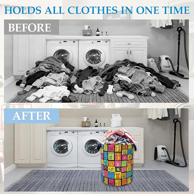 Cute Colorful Cat Laundry Basket Collapsible Laundry Hamper, Oxford Cloth Storage Bin for Room/Bathroom/Bedroom/Dormitories 16" X 20.8"