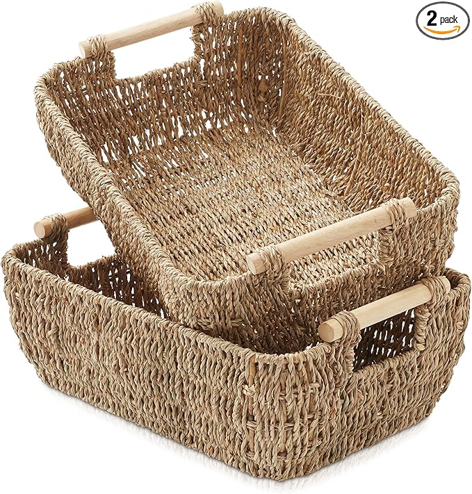Casafield Set of 2 Seagrass Oval Storage Baskets with Wooden Handles - Large, Woven Bin Organizers