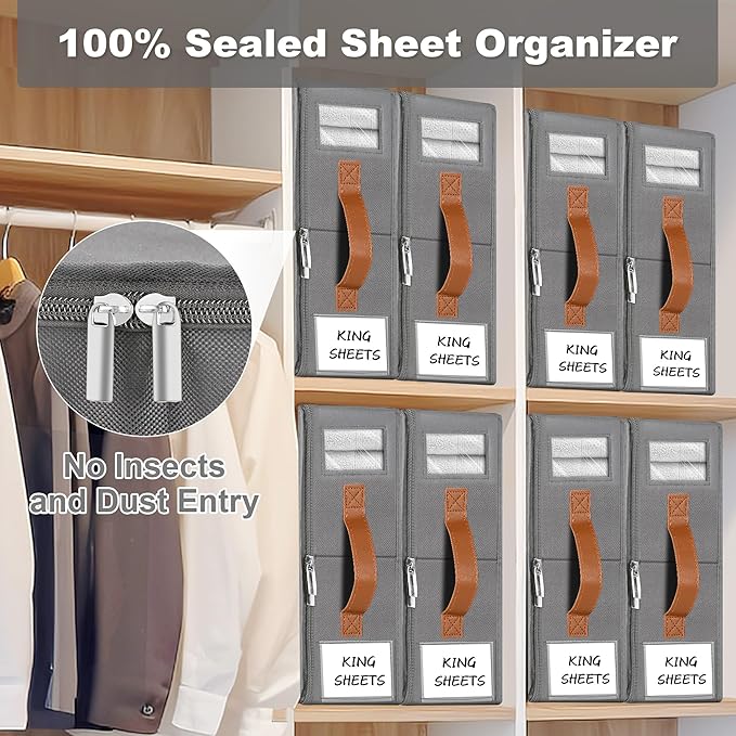4pack Bed Sheet Organizer, Foldable Linen Closet Organizers and Storage with Sealed Design, Queen & King Size Sheet Storage with Window, Closet Organizer for Bedsheets/Blankets/Clothes, Grey