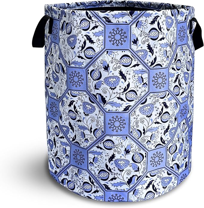 Chinoiserie Style Blue And White Porcelain Laundry Basket Foldable Oxford Cloth Funny Tote Bag Laundry Hamper Clothes Storage Bucket Toy Organizer For Bathroom/Laundry/Bedroom 18.9x16.5 In