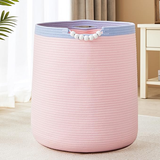 90L Large Pink Woven Rope Laundry Hamper Basket for Clohtes Boho Tall Rope Baskets for Blanket Baby Nursery Hamper for Girls Kids 17"Wide 22"Tall