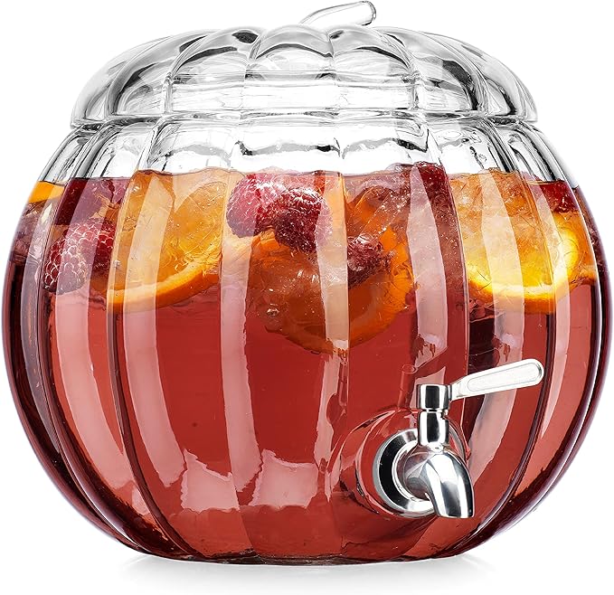 Home To Table 2.11 Gallon Clear Glass Pumpkin Ice Cold Jug Beverage Dispenser With Stainless Steel Easy Flow Spigot/Trick Or Treat Bowl Great For Outdoors, Parties, Bars & Daily Use