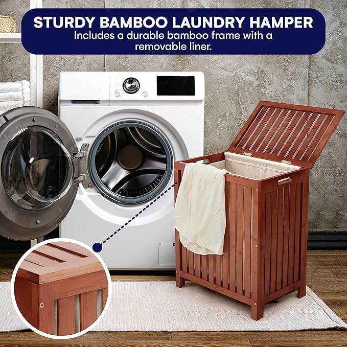 2LB Depot Bamboo Laundry Hamper - Dark Brown Organizer with Lid - Solid Wood Construction with Canvas Liner and Wooden Rods - Hand Grips for Portability - Stylish and Durable Laundry Basket -78L