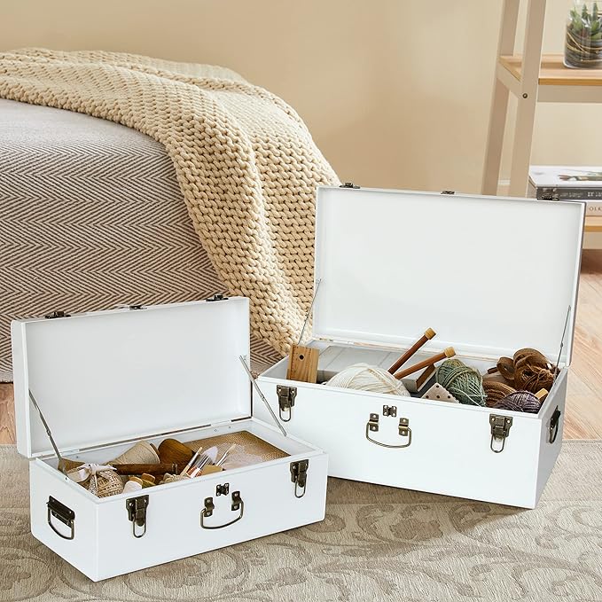 Vixdonos Decorative Metal Box Storage Trunks Set of 2 College Dorm Chest with Handle (White with Bronze Latches)