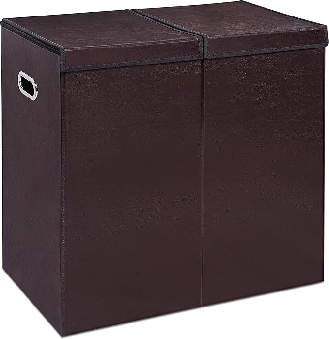 Internet's Best Double Faux Leather Laundry Hamper with Lid - Double Load - Foldable Hamper Basket - Removable Lid - Brown