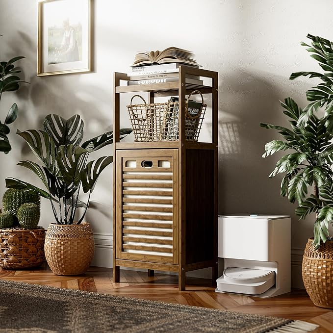 HITNET Bamboo Tilt Out Laundry Hamper, Bathroom Storage Cabinet with Hidden Removable Basket and 2 Open Shelves, Space Saving Bamboo Storage for Clothes, Towels and Toys, Walnut
