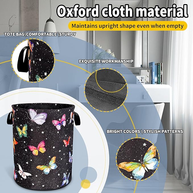 Fantasy Colorful Butterfly Laundry Basket Butterflies Laundry Hamper Foldable Oxford Cloth Funny Tote Bag Clothes Storage Bucket Toy Organizer For Bathroom/Laundry Storage/Bedroom 18.9x16.5 Inch