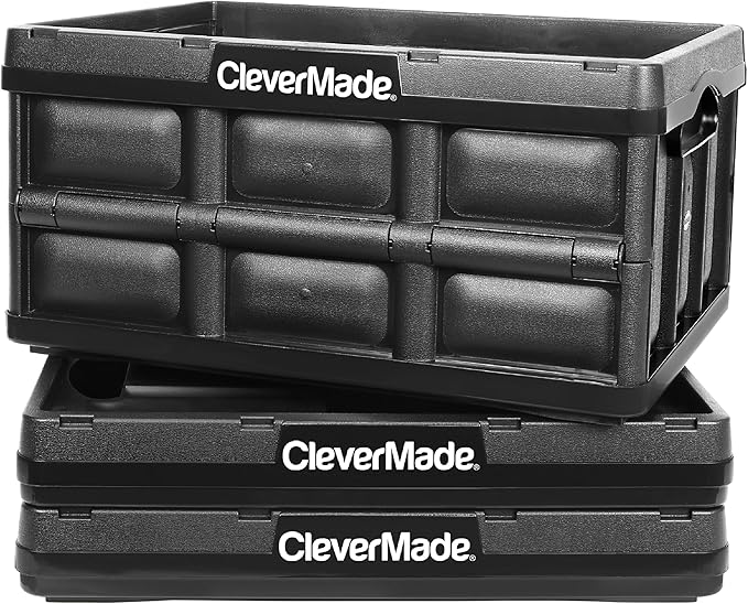 CleverMade Collapsible Storage Bins - Obsidian 3 Pack 32L - Stackable Containers Heavy Duty Capacity Folding Crates - Space-Saving for Home