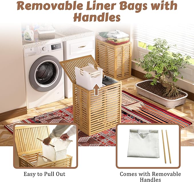 VEIKOU Hamper with Lid, Bamboo Laundry Hamper 2 Compartment, Divider Dirty Clothes Hamper, 120L Large Foldable Laundry Hamper with Removable Liners Bags