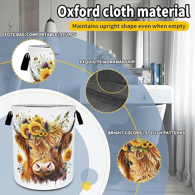 Highland Cow Sunflower Laundry Basket Flowers Foldable Oxford Cloth Funny Tote Bag Laundry Hamper Clothes Storage Bucket Toy Organizer For Bathroom/Laundry Storage/Bedroom 18.9x16.5 Inch