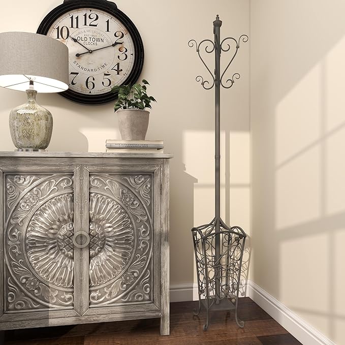 Deco 79 Metal Coat Rack Vintage Style with Scroll Designs, 11" x 11" x 74", Black