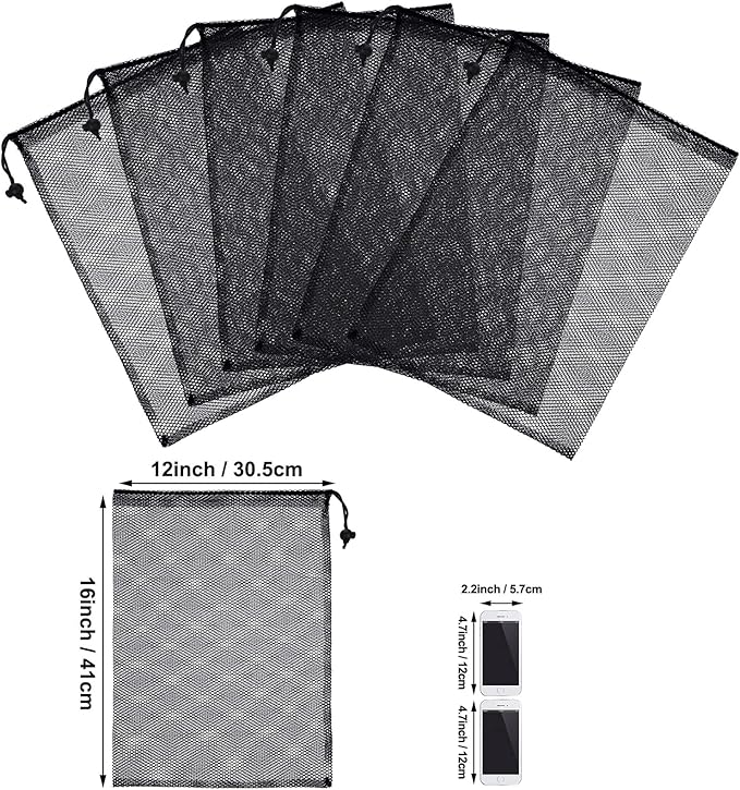 TecUnite 10 Pcs Mesh Laundry Bags with Drawstring Multicolor Mesh Sack Bag Nylon Gift Dishwasher Bag with Sliding for Storage Clothes Socks Jewelry Gifts Toys Fruit(12 x 16 Inch,Black)