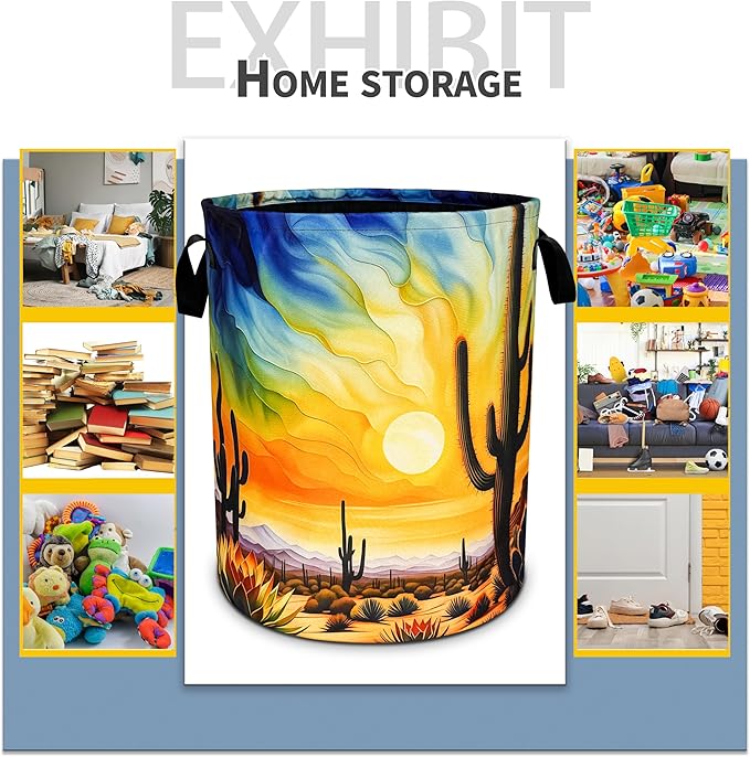 Desert Cactus Laundry Basket Sunset Foldable Oxford Cloth Funny Tote Bag Laundry Hamper Clothes Storage Bucket Toy Organizer For Bathroom/Laundry Storage/Bedroom 18.9x16.5 Inch