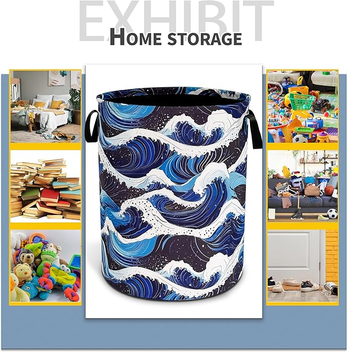 Ocean Wave Laundry Basket Sea Waves Foldable Oxford Cloth Funny Tote Bag Laundry Hamper Clothes Storage Bucket Toy Organizer For Bathroom/Laundry Storage/Bedroom 18.9x16.5 Inch