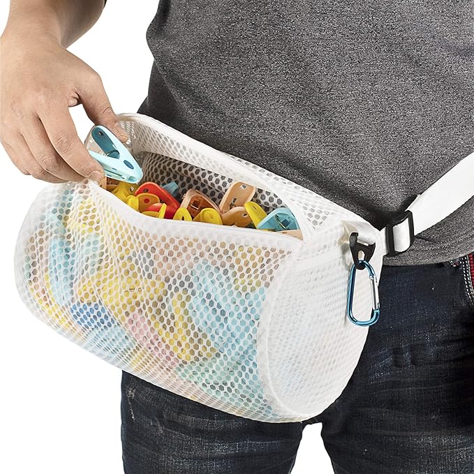 Honeycomb Mesh Zippered Clothespin Bag for clothesline, Waist Pack Many Ways to Wear, Breathable Fabric, Large Opening, Large-Capacity, Hanging Clothespin Holder Bag Storage Organizer with Hooks