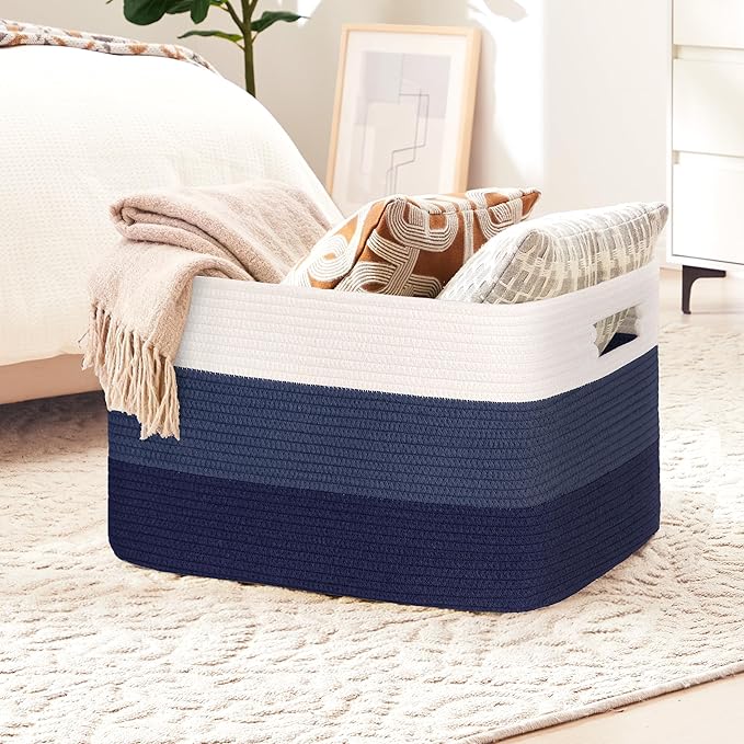 86L Extra Large Laundry Basket with Leather Handles for Living Room Storage, Woven Rope Baskets for Blanket, Kids Toy, Gifts, Wicker Hamper for Bedroom Dirty Clothes, 24"x16"x14" Gradient Blue