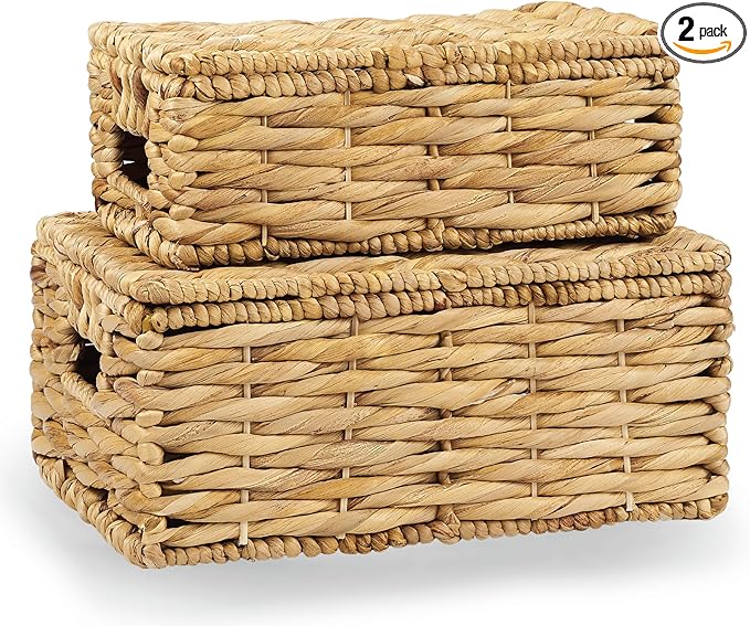 Set of 2 Wicker Baskets with Lid - Decorative Storage Boxes for Home Decor, Shelves - Woven Basket with Lid - Wicker Decor - Rattan Box - Decorative Bins with Lids (Natural)