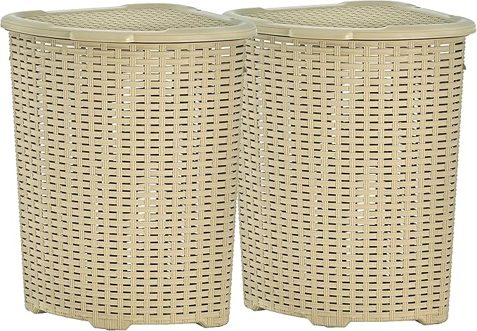 Plastic Corner Laundry Hamper with Lid, Curved Designed Laundry Basket, 2 Pack Triangle Beige Cloths Hamper Organizer with Cut-out Handles for Laundry Room Bedroom Bathroom, Wicker Design, 50 Liter