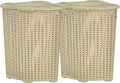 Plastic Corner Laundry Hamper with Lid, Curved Designed Laundry Basket, 2 Pack Triangle Beige Cloths Hamper Organizer with Cut-out Handles for Laundry Room Bedroom Bathroom, Wicker Design, 50 Liter