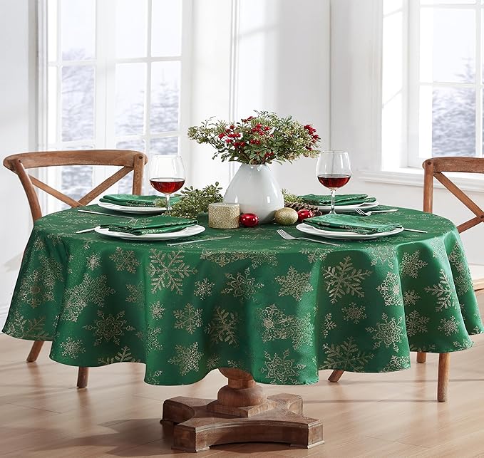 Newbridge Fancy Metallic Snowflake Christmas Fabric Tablecloth, 60 x 84 Inch Oval, Hunter Gold, No-Iron Soil Resistant Sparkling Snowflakes Woven Holiday Table Cover