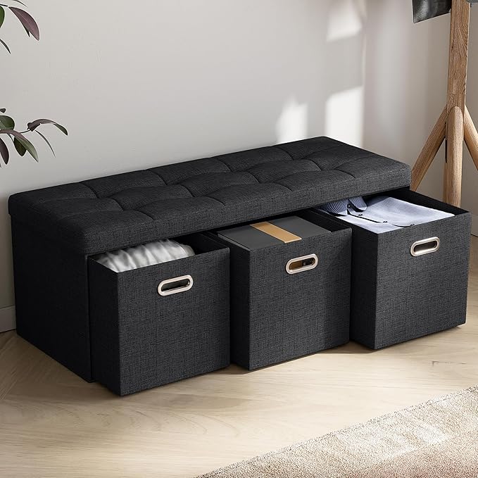 Ornavo Home Storage Ottoman with 3 Drawers, 40 Inches Long Foldable Tufted Linen Large Bench Ottoman with Storage, Foot Rest Stool Seat, for Living Room, Bedroom, Entryway, Black