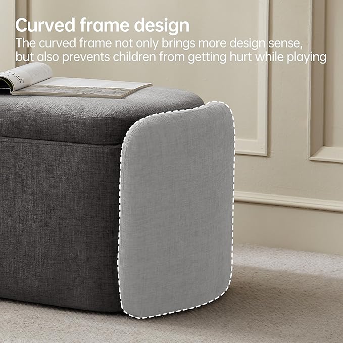 VKNOW Oval Storage Ottoman Bench, 46" Upholstered End of Bed Bench Ottomans Bench Foot Rest, Sherpa Storage Bench for Bedroom, Living Room and Hallway, Dark Grey