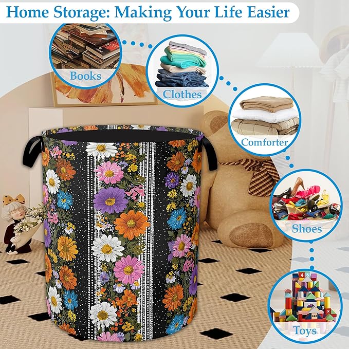 Flower Art Laundry Basket Oxford Cloth Laundry Hamper With Handle, Clothes Storage Basket Toy Organizer for Bathroom/Bedroom/Dormitories 16" X 20.8"