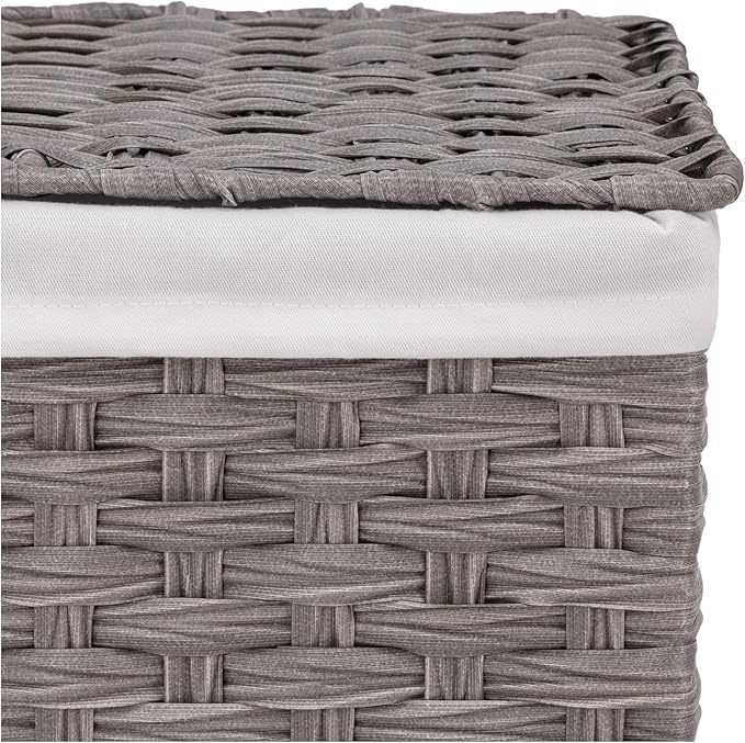 Seville Classics Premium Handwoven Portable Laundry Bin Basket with Carrying Handles, Household Storage for Clothes, Linens, Sheets, Gray, Rectangular Hamper