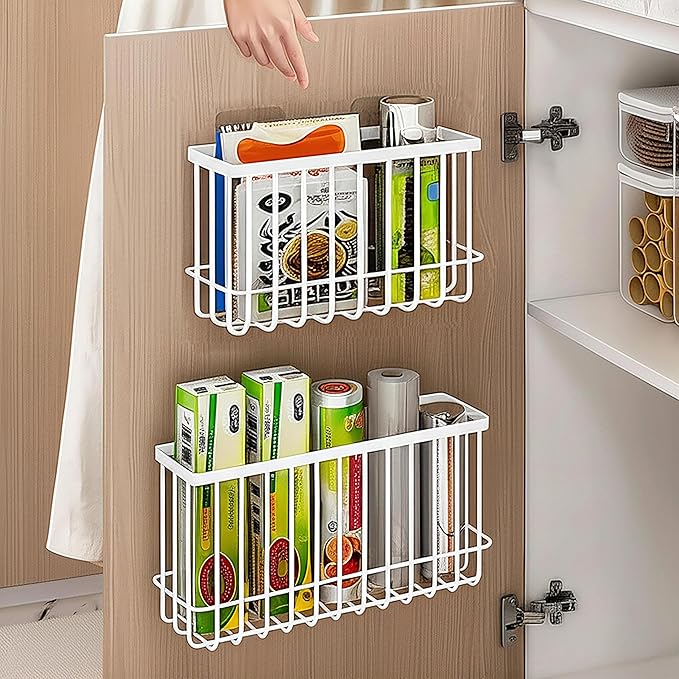 Cabinet Door Organizer 3Pcs, Foil and Plastic Wrap Organizer with 2 Sponges, Cabinet Door Storage with 3 Caddy Adhesive, for Aluminum Foil, Plastic Wrap, Wool Dryer Balls, White,(Small, Medium, Large)