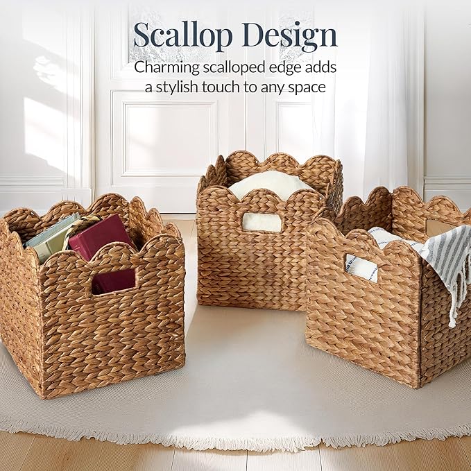 Best Choice Products 13 x 13in Scalloped Hyacinth Baskets, Rustic Set Of 5 Multipurpose Collapsible Storage Organizer, Handwoven Laundry Totes for Bedroom, Living Room, Shelves – Chestnut
