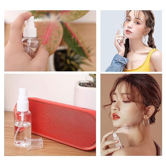 ZEROFIRE 4 Pack Spray Bottles 1oz Clear Plastic Empty Refillable Mini Spritzer for Travel, Cleaning, Gardening, Skin Care Atomizer for Essential Oils, Perfume
