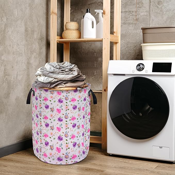 Pink Purple Flowers Laundry Basket Foldable Oxford Cloth With Handle Portable Colorful Storage Basket Organizer Suitable For Laundry Room/Bedroom/Living Room/Children'S Room (18.9 X 16.5 Inch)