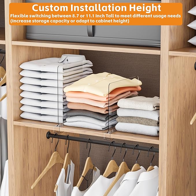 Yieach 6 Pack Acrylic Shelf Dividers for Closet Organization,Towel,Sweater,Purse Organizer - Adjustable Height - Vertical Shelf Separators for T Shirt,Clear Closet Shelf Divider for Wood Shelves