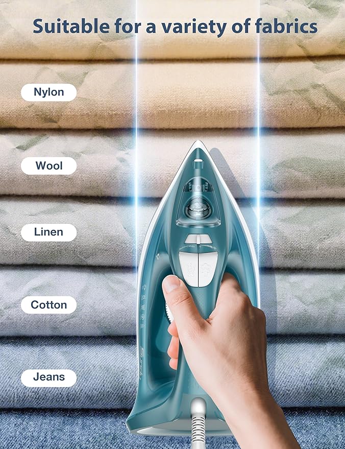 Steam Iron for Clothes Rapid Heating, 1500W Iron with Non-Stick Ceramic Soleplate, 3-Way Auto-Off, Burst of Steam, Self-Cleaning, 11.84oz Water Tank Ironing Clothes for Home