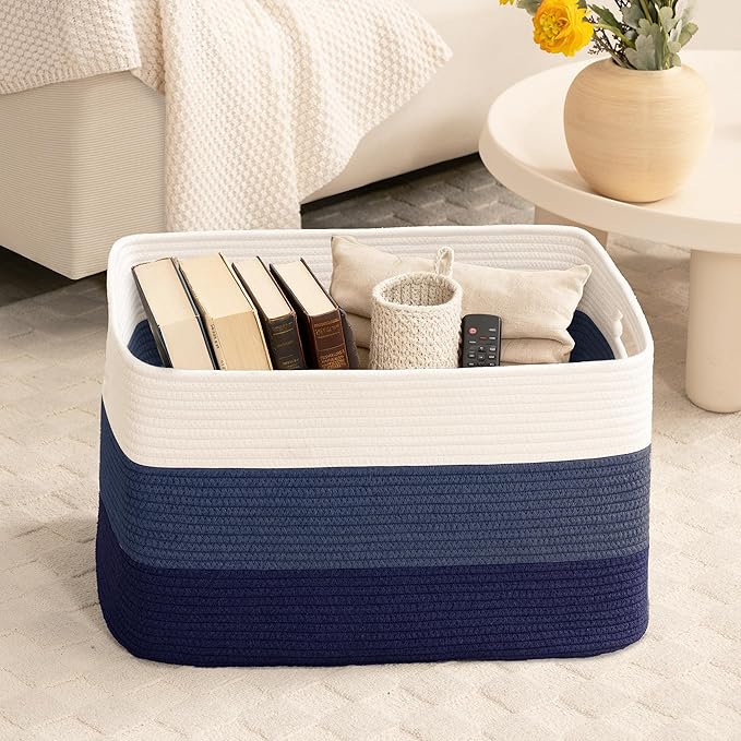 60L Laundry Basket with Leather Handles for Living Room Storage, Woven Rope Baskets Bin for Blanket, Kids Toy, Gifts, Wicker Hamper for Bedroom Dirty Clothes,Gradient Blue