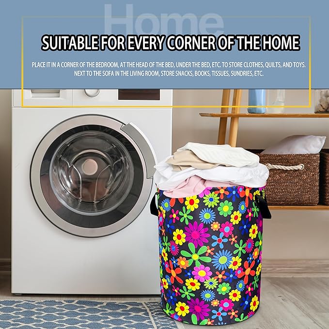 Color Hippie Flowers Laundry Basket Folk Art Flowers Foldable Oxford Cloth Funny Tote Bag Laundry Hamper Clothes Storage Bucket Toy Organizer For Bathroom/Laundry/Bedroom 18.9x16.5 In